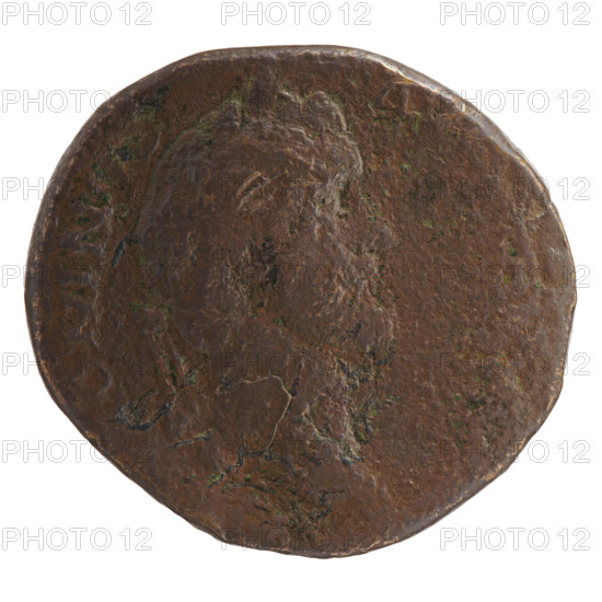 Sestertius of Antoninus Pius (86–161; Roman Emperor 138–161). Obverse: Head of Antoninus Pius in a