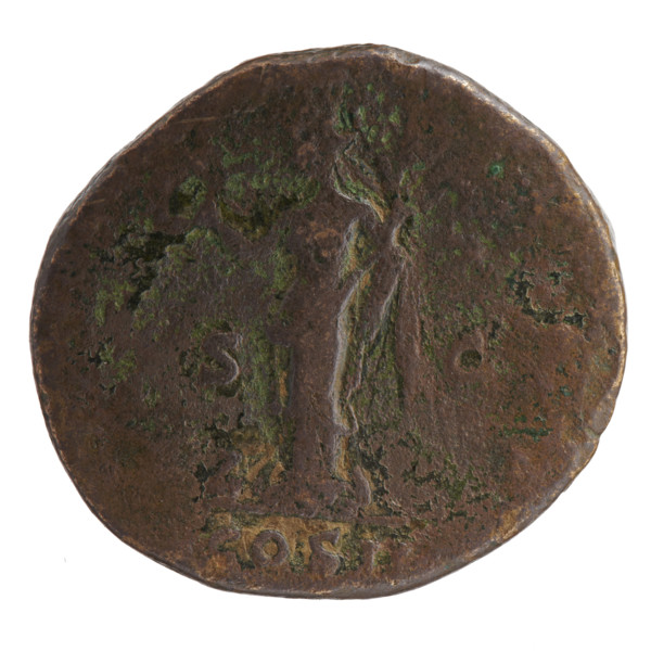 Sestertius of Antoninus Pius (86–161; Roman Emperor 138–161). Obverse: head of Antoninus Pius in a
