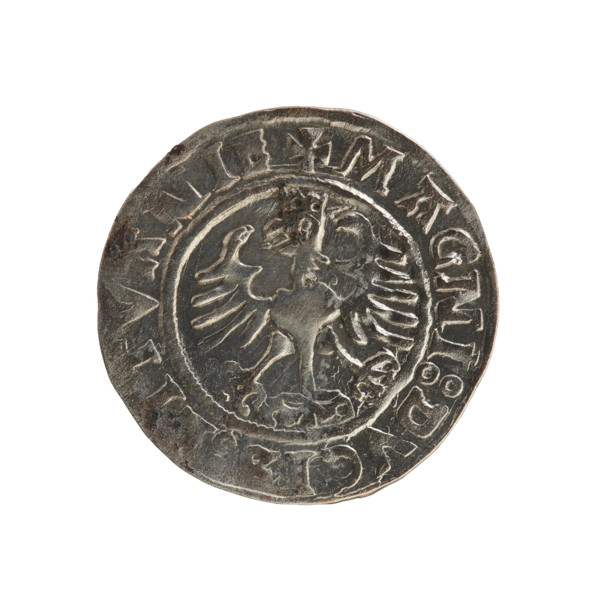 Lithuanian half-grosz, Sigismund I the Old (King of Poland; 1506–1548). Obverse: Pogon (Lithuanian