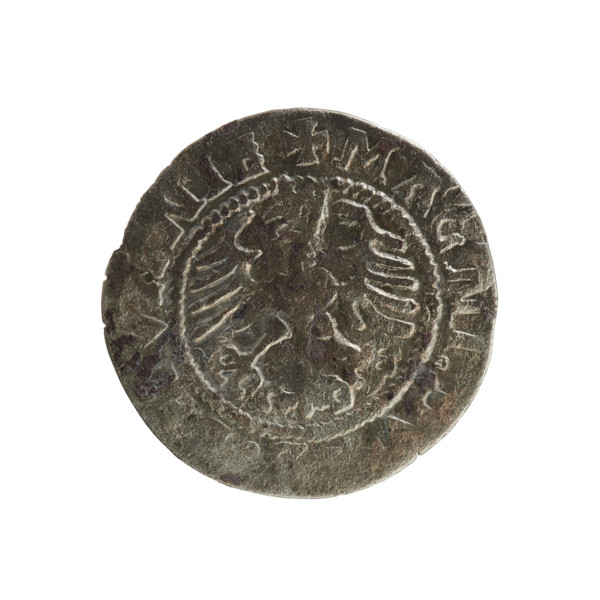 Lithuanian half-grosz, Sigismund I the Old (King of Poland; 1506–1548). Obverse: Pogon turned left;