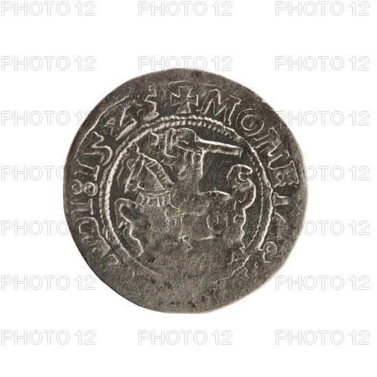 Lithuanian half-grosz, Sigismund I the Old (King of Poland; 1506–1548). Obverse: Pogon (Lithuanian
