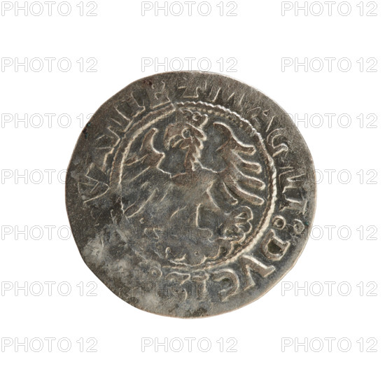 Lithuanian half-grosz, Sigismund I the Old (King of Poland; 1506–1548). Obverse: Pogon turned left;