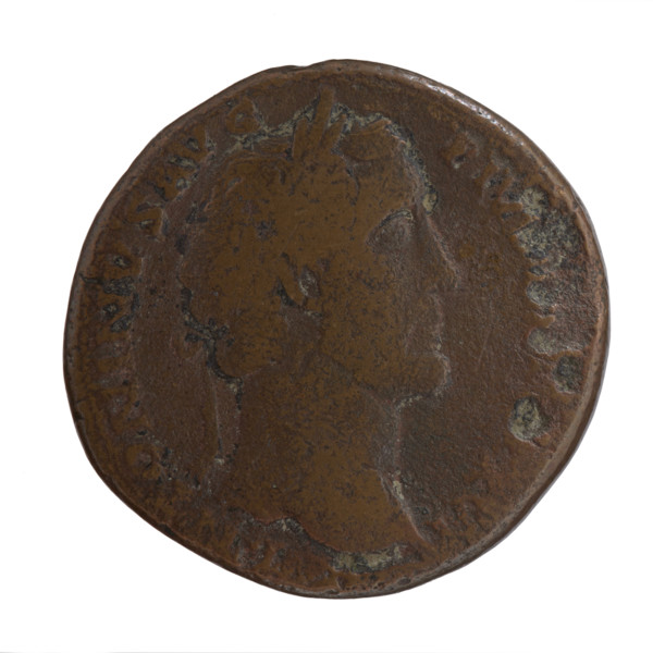 Sestertius of Antoninus Pius (86–161; Roman emperor 138–161). Obverse: head of the emperor in a