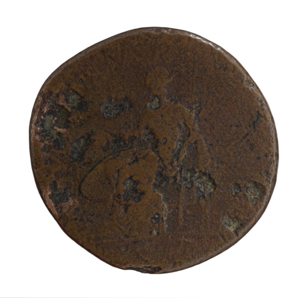 Sestertius of Antoninus Pius (86–161; Roman emperor 138–161). Obverse: head of the emperor in a