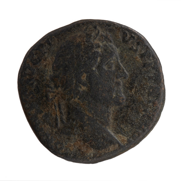 Sestertius of Antoninus Pius (86–161; Roman emperor 138–161). Obverse: Head of Antoninus Pius in a
