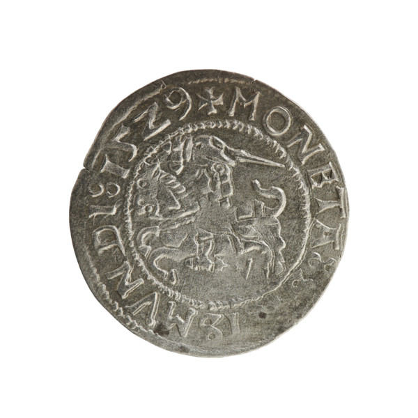 Lithuanian half-grosz, Sigismund I the Old (King of Poland; 1506–1548). Obverse: Pogon (Lithuanian