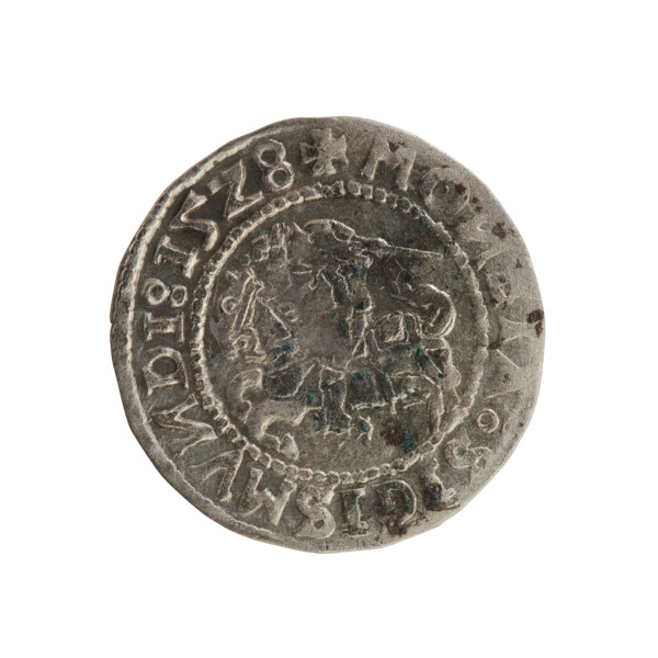Lithuanian half-grosz, Sigismund I the Old (King of Poland; 1506–1548). Obverse: Pogon (Lithuanian