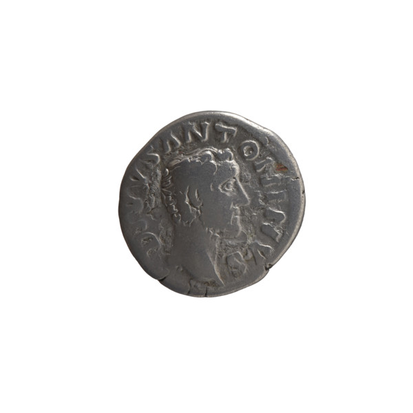 Denarius, after 161 CE. Obverse: Head of Antoninus Pius without a covering facing right,