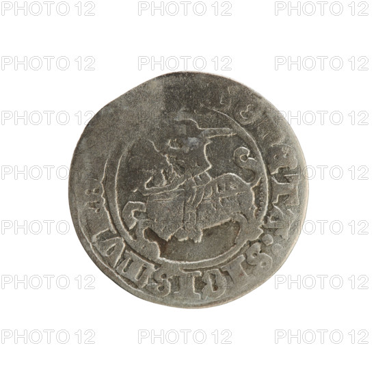 Lithuanian half-grosz, Sigismund I the Old (King of Poland; 1506–1548). Obverse: Pogon turned left;