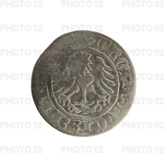 Lithuanian half-grosz, Sigismund I the Old (King of Poland; 1506–1548). Obverse: Pogon (Lithuanian