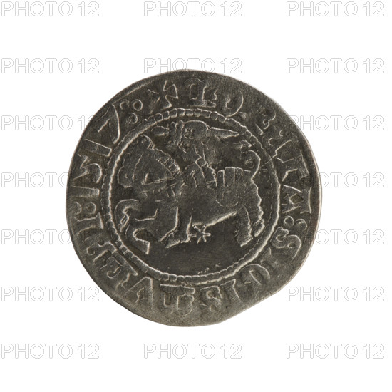 Lithuanian half-grosz, Sigismund I the Old (king of Poland; 1506–1548). Silver coin, 1517. Obverse:
