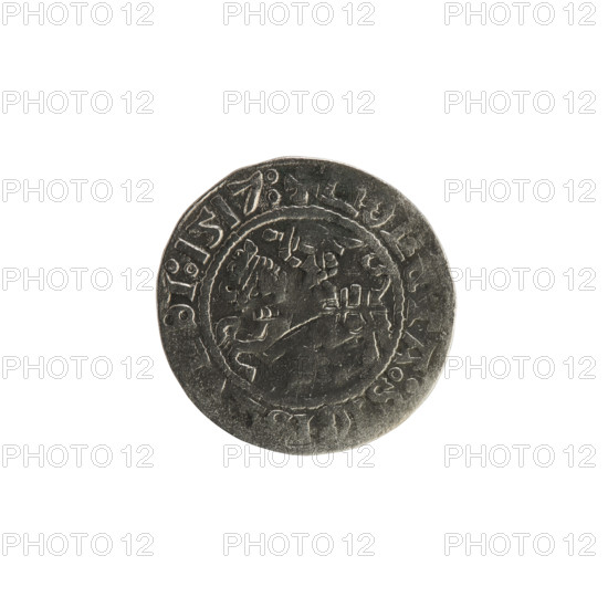 Lithuanian half-grosz, Sigismund I the Old (King of Poland; 1506–1548). Obverse: Pogon (Lithuanian