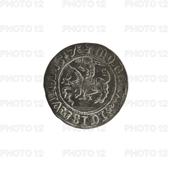 Lithuanian half-grosz, Sigismund I the Old (king of Poland; 1506–1548). Obverse: Pogon (Lithuanian