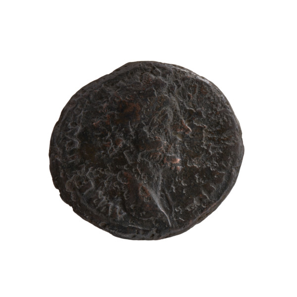 Head of young Marcus Aurelius uncovered, with drapery on the left shoulder, right; inscription