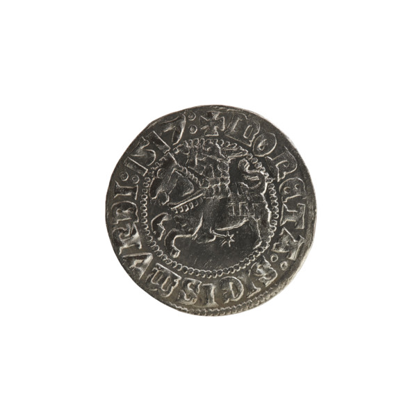 Lithuanian half-grosz, Sigismund I the Old (King of Poland; 1506–1548). Obverse: Pogon (Lithuanian
