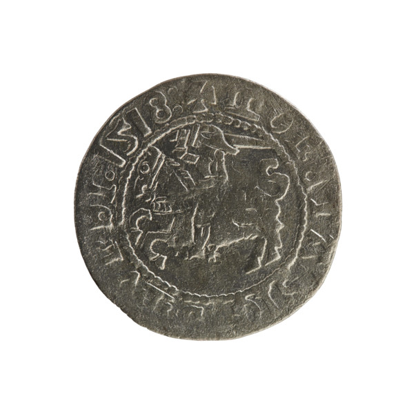 Lithuanian half-grosz, Sigismund I the Old (king of Poland; 1506–1548). Silver coin, 1518. Obverse:
