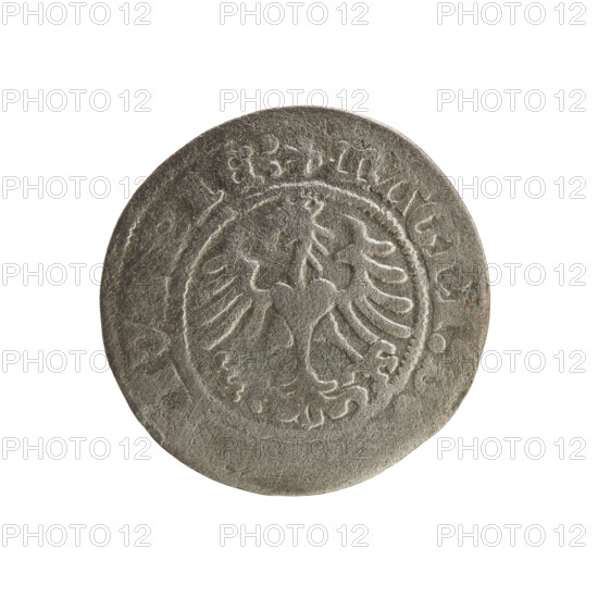Lithuanian half-grosz, Sigismund I the Old (King of Poland; 1506–1548). Obverse: Pogon (Lithuanian