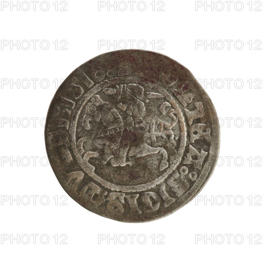 Lithuanian half-grosz, Sigismund I the Old (king of Poland; 1506–1548). Obverse: Pursuer turned