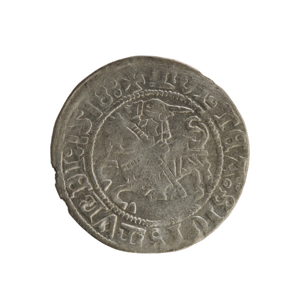 Lithuanian half-grosz, Sigismund I the Old (king of Poland; 1506–1548). Obverse: Pursuer turned
