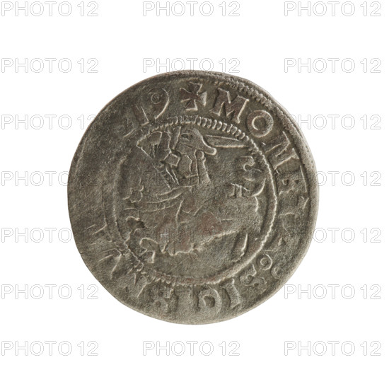 Lithuanian half-grosz, Sigismund I the Old (king of Poland; 1506–1548). Obverse: Pogon (Lithuanian