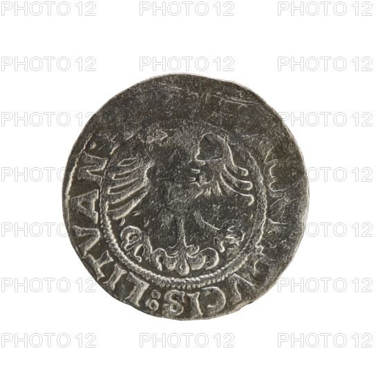 Lithuanian half-grosz, Sigismund I the Old (king of Poland; 1506–1548). Obverse: Chaser (coat of