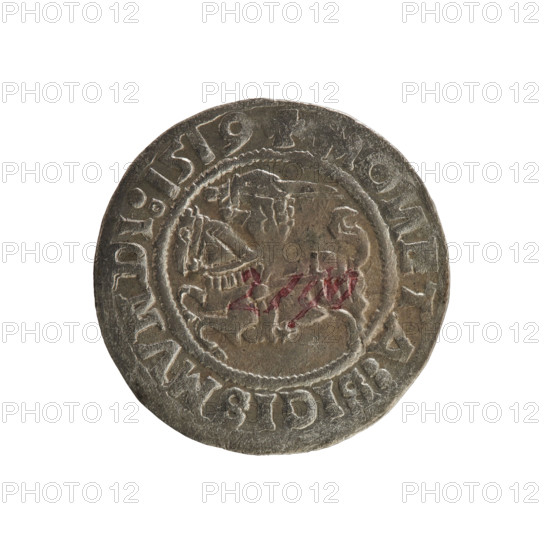 Lithuanian half-grosz, Sigismund I the Old (king of Poland; 1506–1548). Obverse: Chaser (Chaser