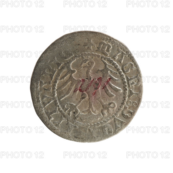 Lithuanian half-grosz, Sigismund I the Old (king of Poland; 1506–1548). Obverse: Chaser turned