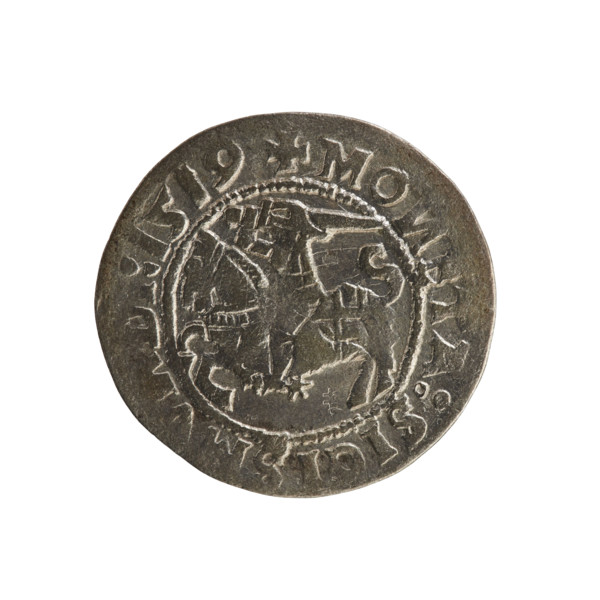 Lithuanian half-grosz, Sigismund I the Old (king of Poland; 1506–1548). Obverse: Chaser turned