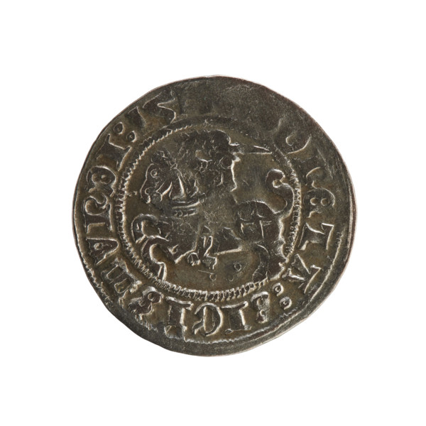 Lithuanian half-grosz, Sigismund I the Old (King of Poland; 1506–1548). Obverse: Pogon turned left;