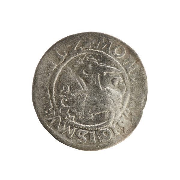 Lithuanian half-grosz, Sigismund I the Old (King of Poland; 1506–1548). Obverse: Pogon turned left;