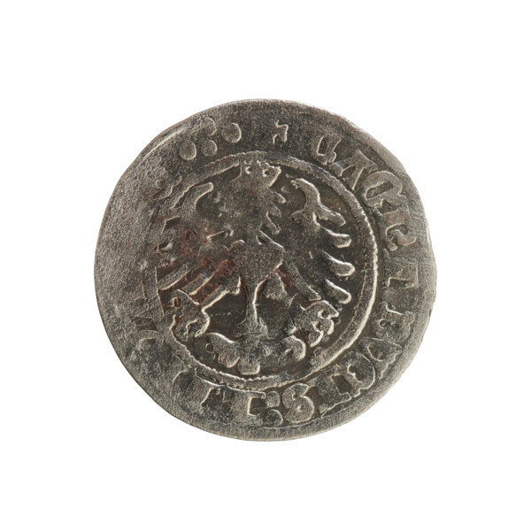 Lithuanian half-grosz, Sigismund I the Old (King of Poland; 1506–1548). Obverse: Pogon turned to