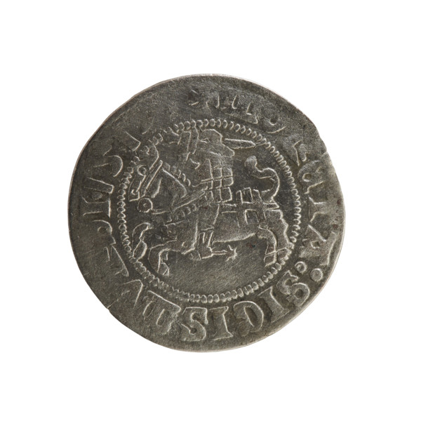 Lithuanian half-grosz, Sigismund I the Old (king of Poland; 1506–1548). Obverse: Pogon turned left;