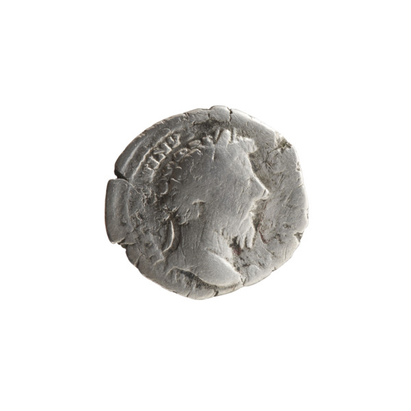 Denarius of Marcus Aurelius (121–180; Roman emperor 161–180). Obverse: Head of Marcus Aurelius with