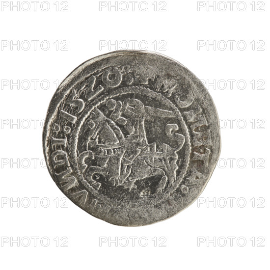 Lithuanian half-grosz, Sigismund I the Old (king of Poland; 1506–1548). Obverse: Pogon (mounted