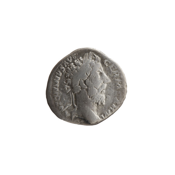 Denarius of Marcus Aurelius (121–180; Roman emperor 161–180). Obverse: Head of Marcus Aurelius in