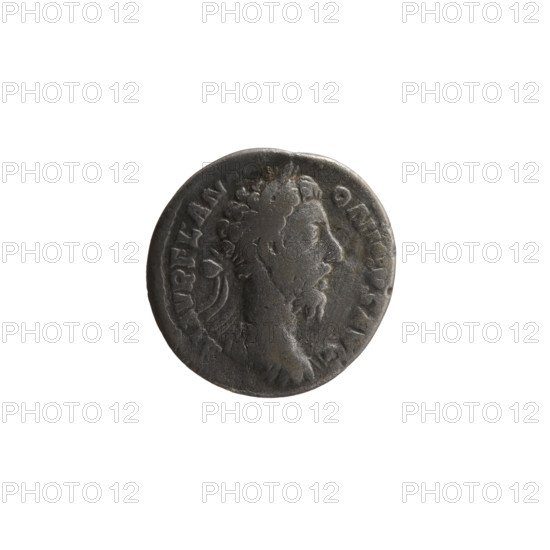 Denarius of Marcus Aurelius (121–180; Roman emperor 161–180). Obverse: Bust of Marcus Aurelius in