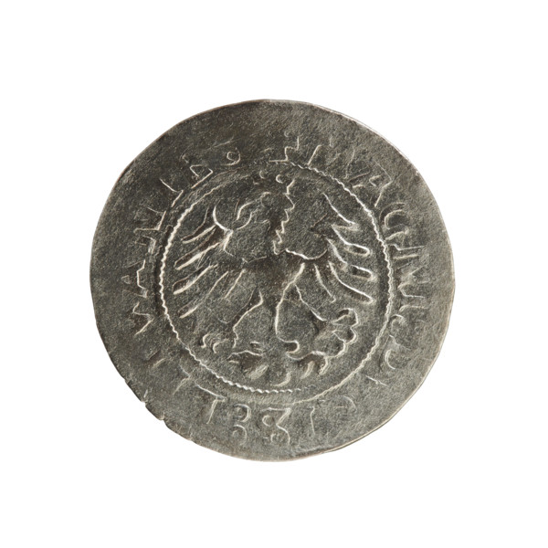 Lithuanian half-grosz, Sigismund I the Old (king of Poland; 1506–1548). Obverse: Pogon (Lithuanian