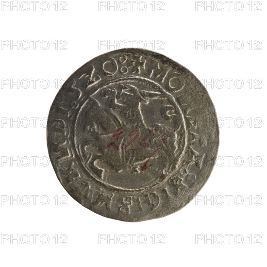 Lithuanian half-grosz, Sigismund I the Old (king of Poland; 1506–1548). Obverse: Pogon turned left;