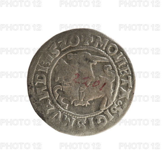 Lithuanian half-grosz, Sigismund I the Old (king of Poland; 1506–1548). Obverse: Pogon (Lithuanian