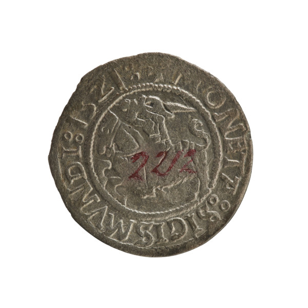 Lithuanian half-grosz, Sigismund I the Old (king of Poland; 1506–1548). Obverse: Pogon (Lithuanian