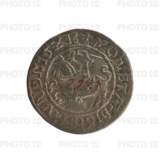Lithuanian half-grosz, Sigismund I the Old (king of Poland; 1506–1548). R8 (rarity). Polish coin,