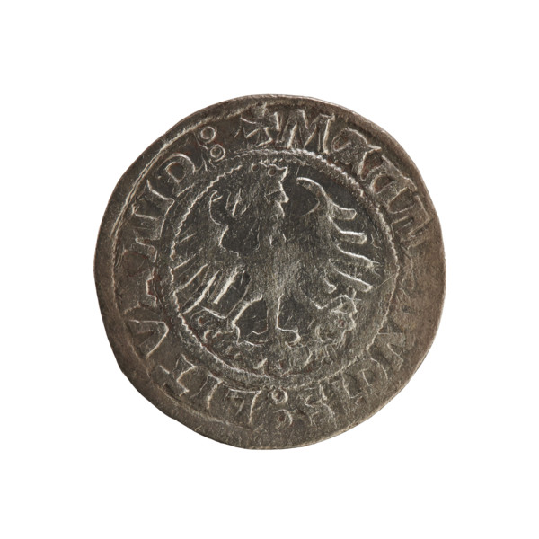 Lithuanian half-grosz, Sigismund I the Old (king of Poland; 1506–1548). Obverse: Pogon (Lithuanian