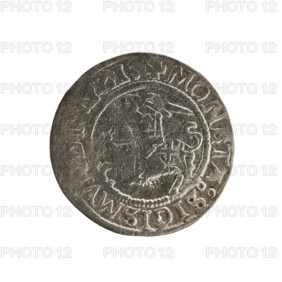 Lithuanian half-grosz, Sigismund I the Old (king of Poland; 1506–1548). Obverse: Pogon (mounted