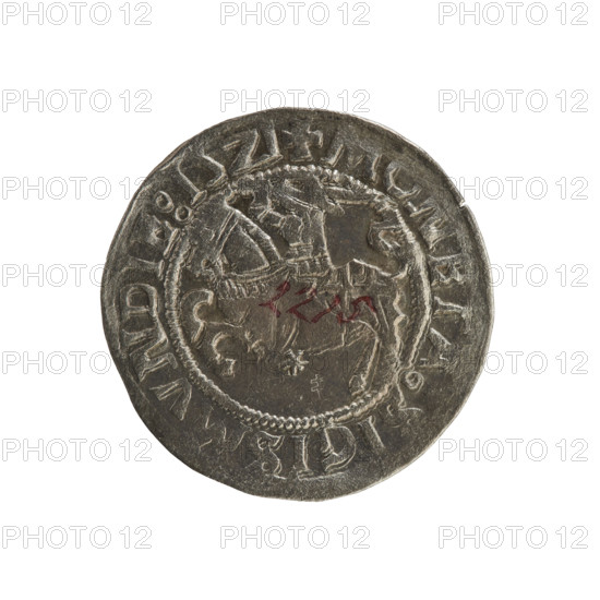 Lithuanian half-grosz, Sigismund I the Old (king of Poland; 1506–1548). Obverse: Pogon (Lithuanian