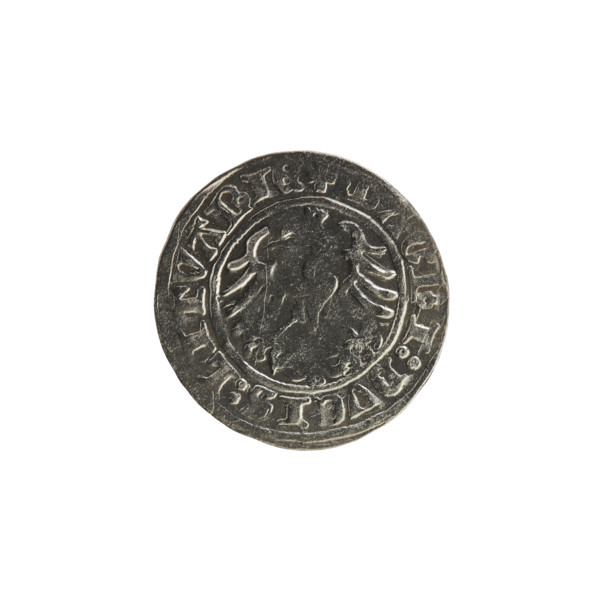 Lithuanian half-grosz, Sigismund I the Old (king of Poland; 1506–1548). Obverse: Pogon (Lithuanian