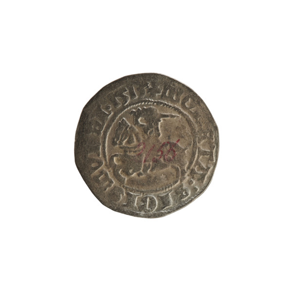 Lithuanian half-grosz, Sigismund I the Old (king of Poland; 1506–1548). Obverse: Pogon (Mounted