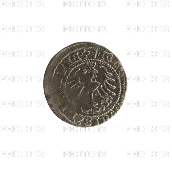 Lithuanian half-grosz, Sigismund I the Old (King of Poland; 1506–1548). Obverse: Pogon turned left;