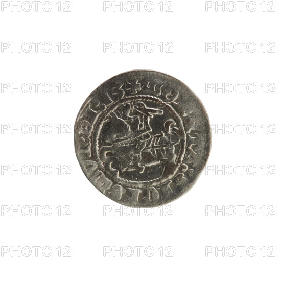 Lithuanian half-grosz, Sigismund I the Old (King of Poland; 1506–1548). Obverse: Pogon (Lithuanian