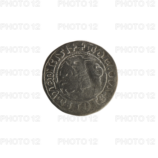 Lithuanian half-grosz, Sigismund I the Old (king of Poland; 1506–1548). Obverse: Pogon (mounted