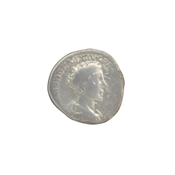 Denarius of Commodus (ca. 175–176 CE). Obverse: Bust of young Commodus draped, uncovered, facing